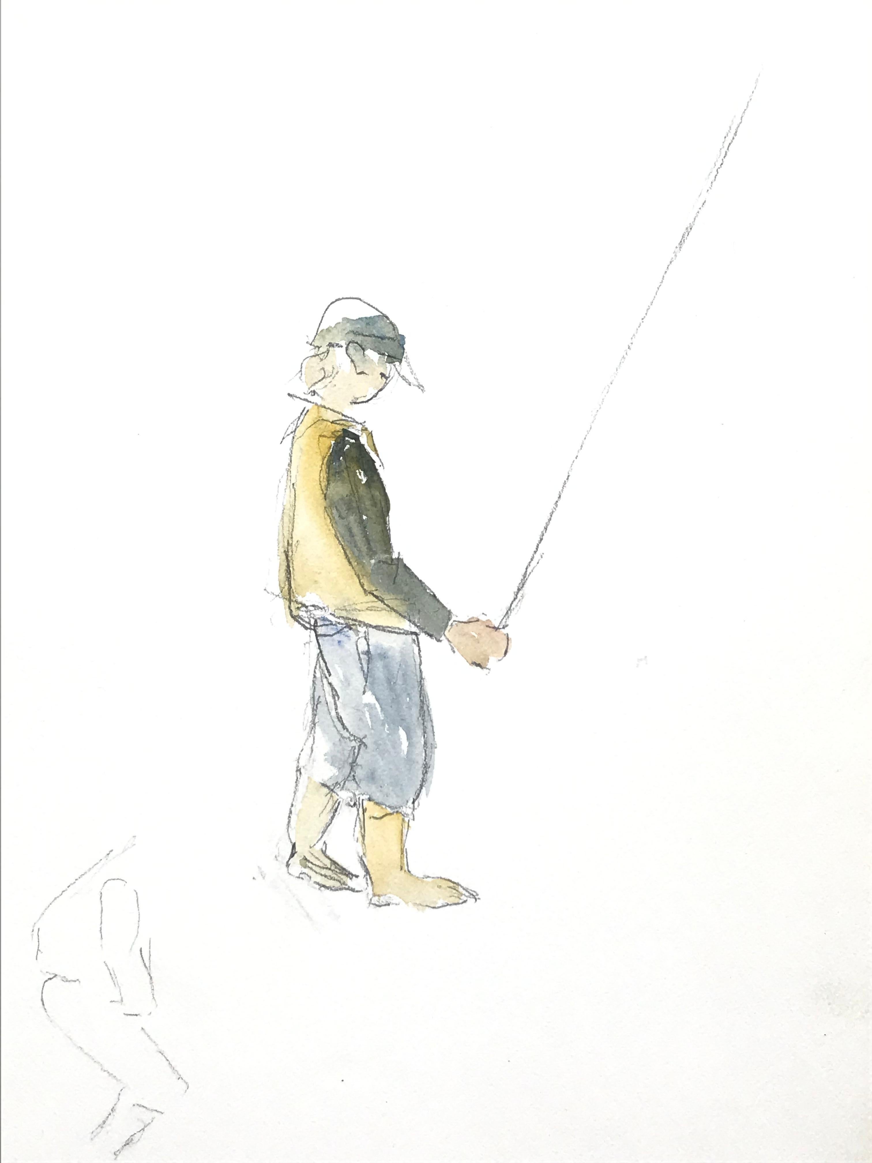 1950's Modernist/ Cubist Painting - Fisherman and His Rod  - Art by Bernard Labbe