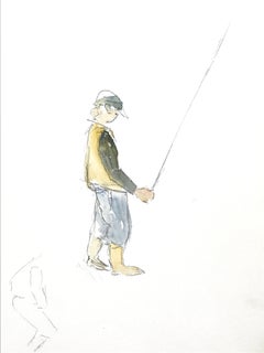 1950's Modernist/ Cubist Painting - Fisherman and His Rod