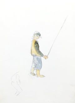 1950's Modernist/ Cubist Painting - Fisherman and His Rod 