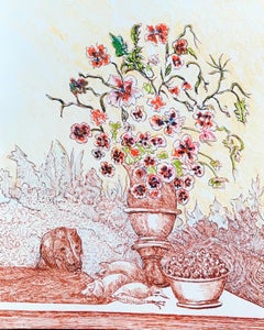 Peinture moderniste/ cubiste des années 1950 - Fleurs dans un vase