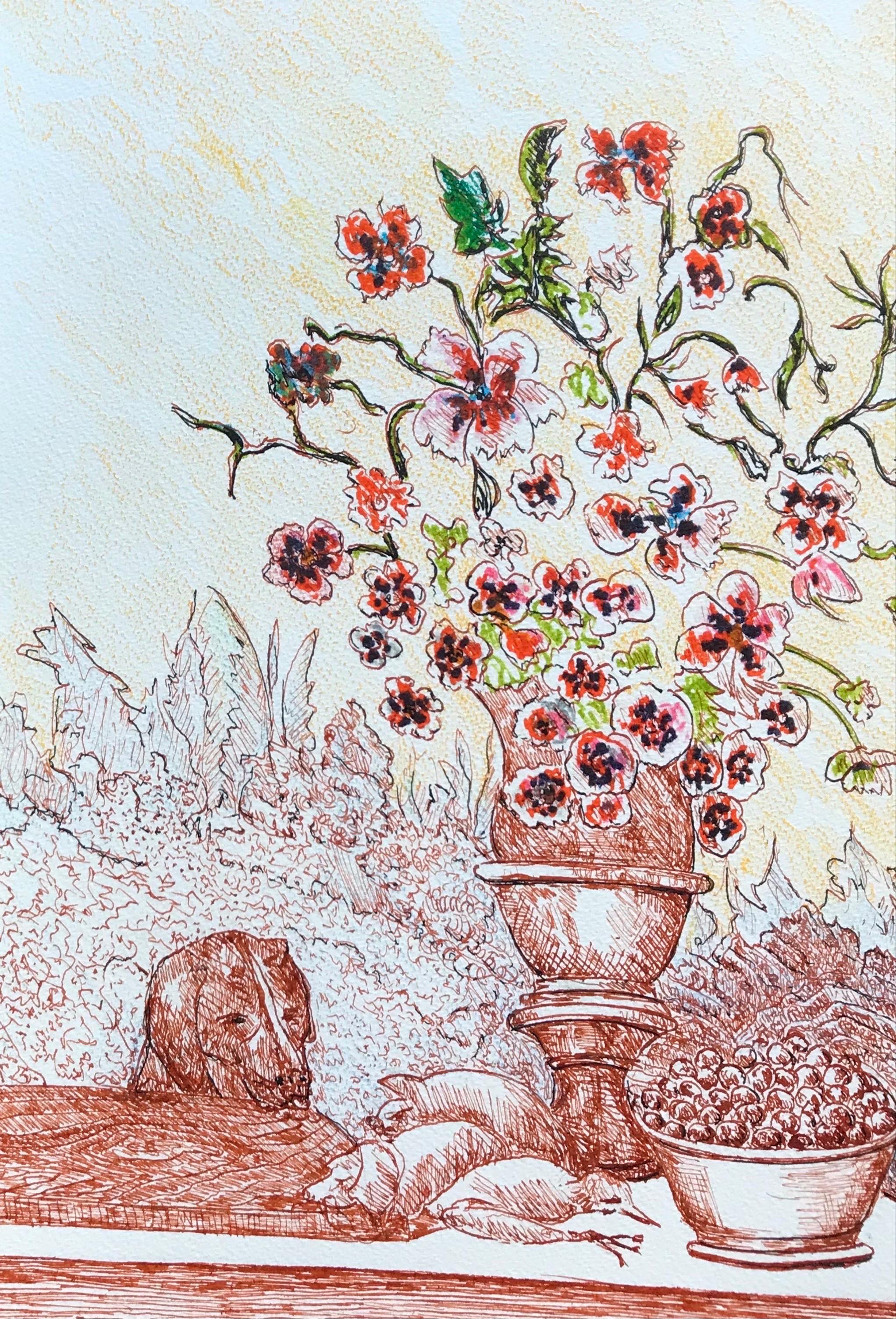 1950's Modernist/ Cubist Painting - Flowers In Vase - Beige Landscape Painting by Bernard Labbe