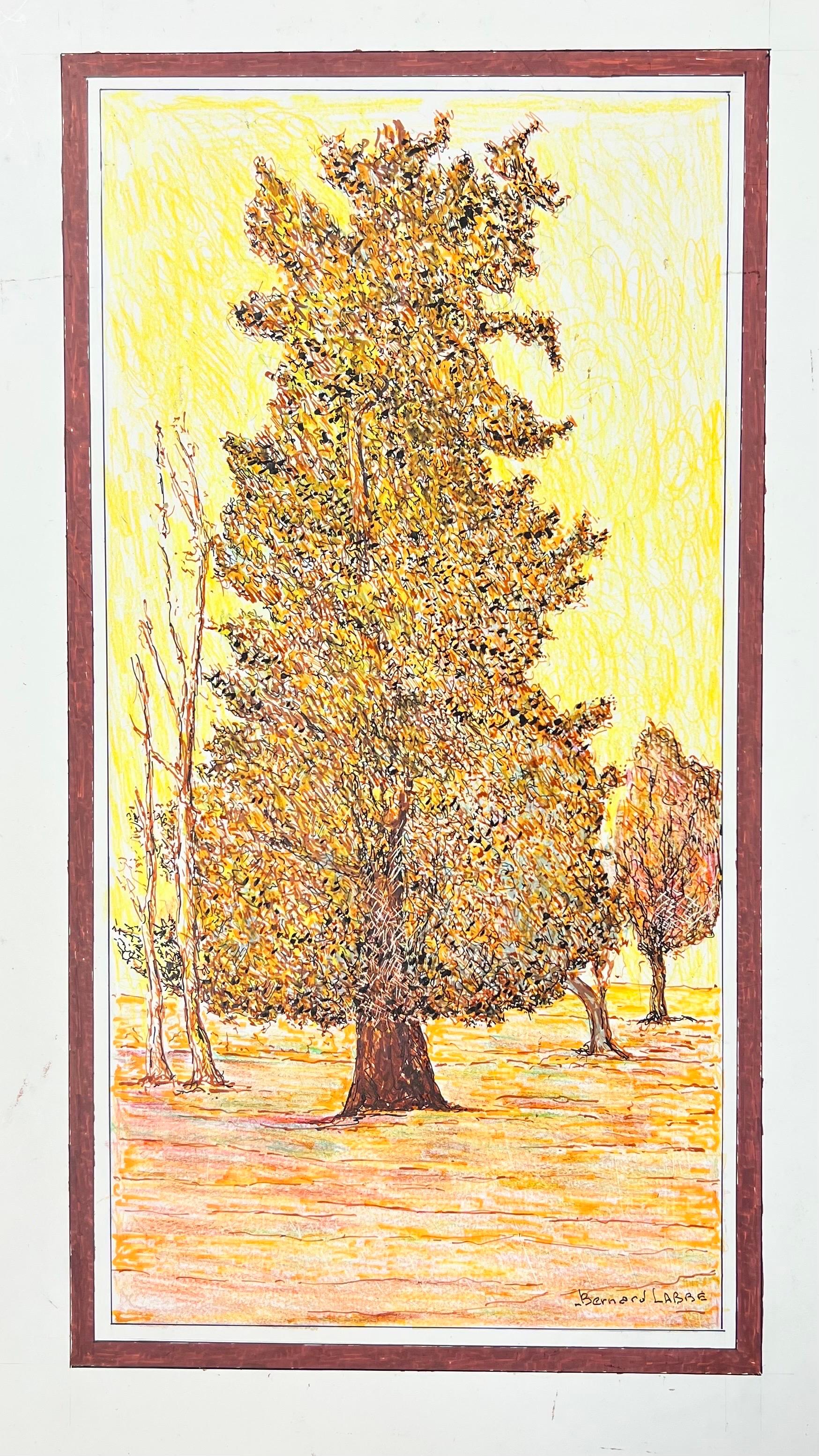 Pintura modernista/cubista de los años 50 - Paisaje francés de árboles otoñales - Painting de Bernard Labbe