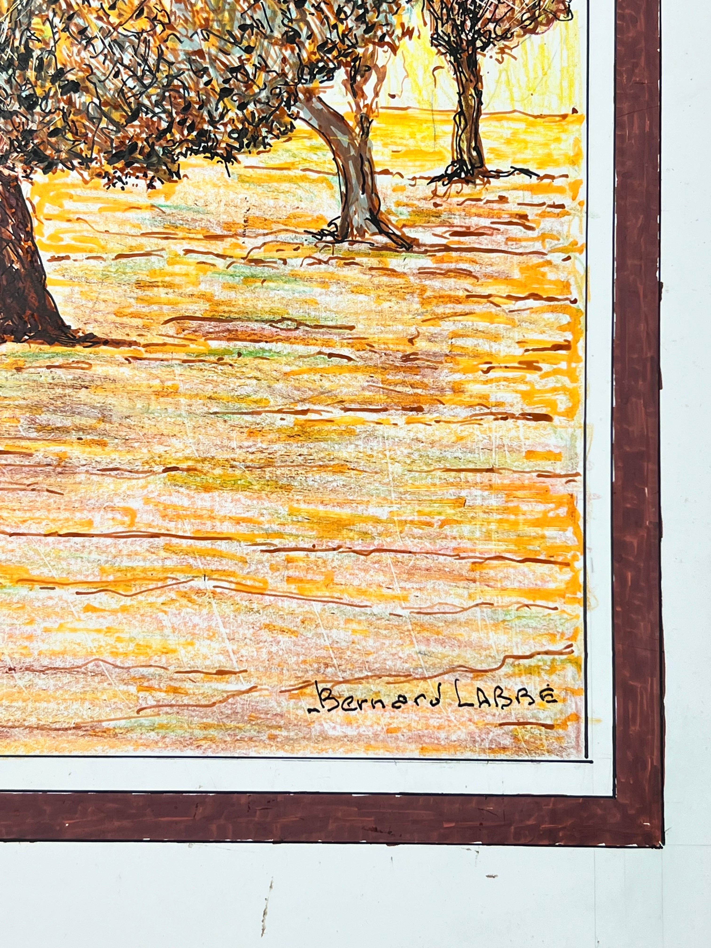 Pintura modernista/cubista de los años 50 - Paisaje francés de árboles otoñales - Landscape Painting Beige de Bernard Labbe