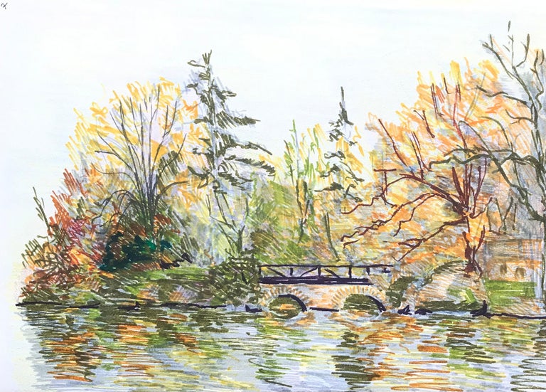 Bernard Labbe 1950's Modernist/ Cubist Painting French Bridge Scene