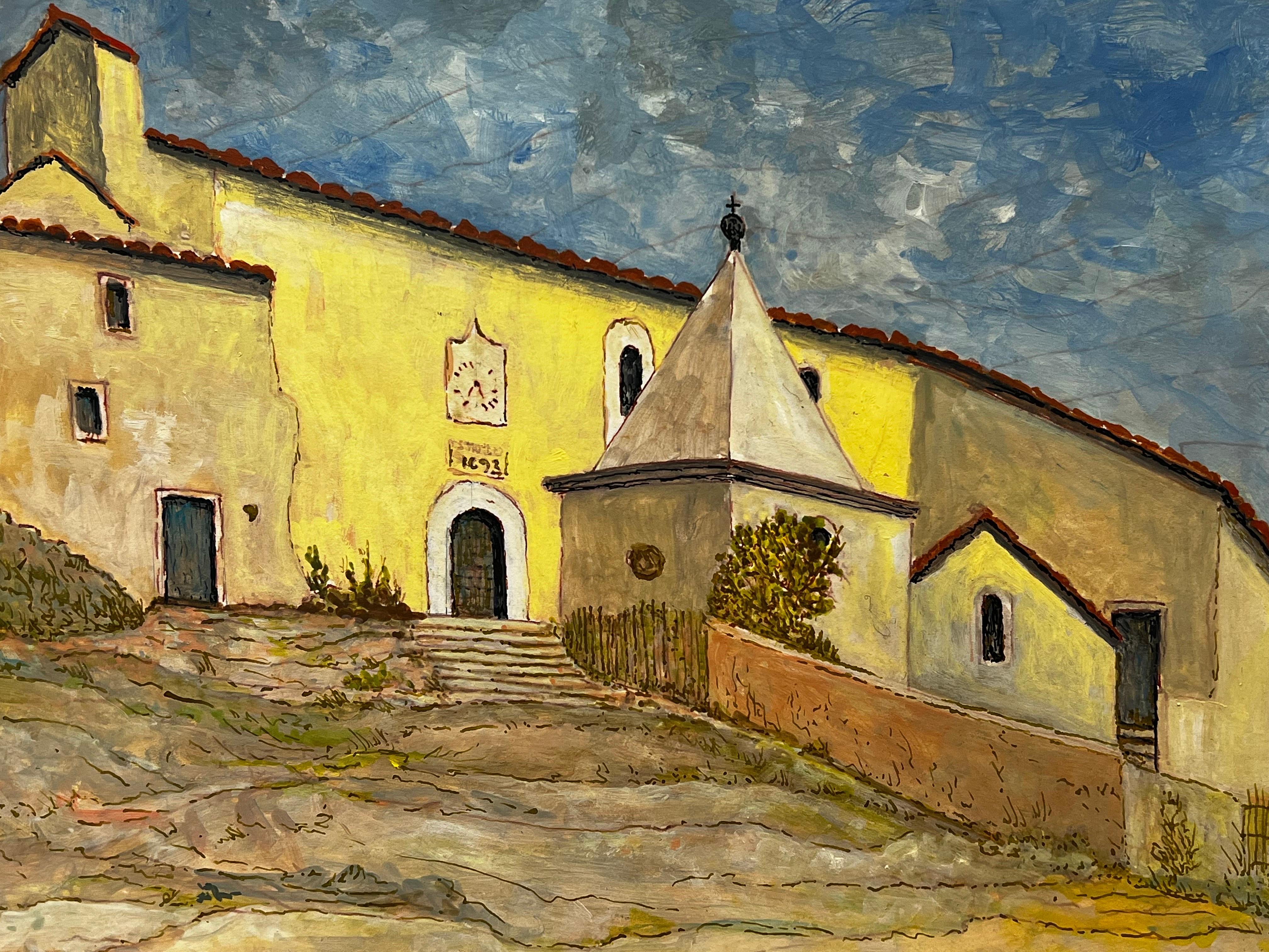 Pintura modernista/cubista de los años 50 - Edificio francés - Painting de Bernard Labbe