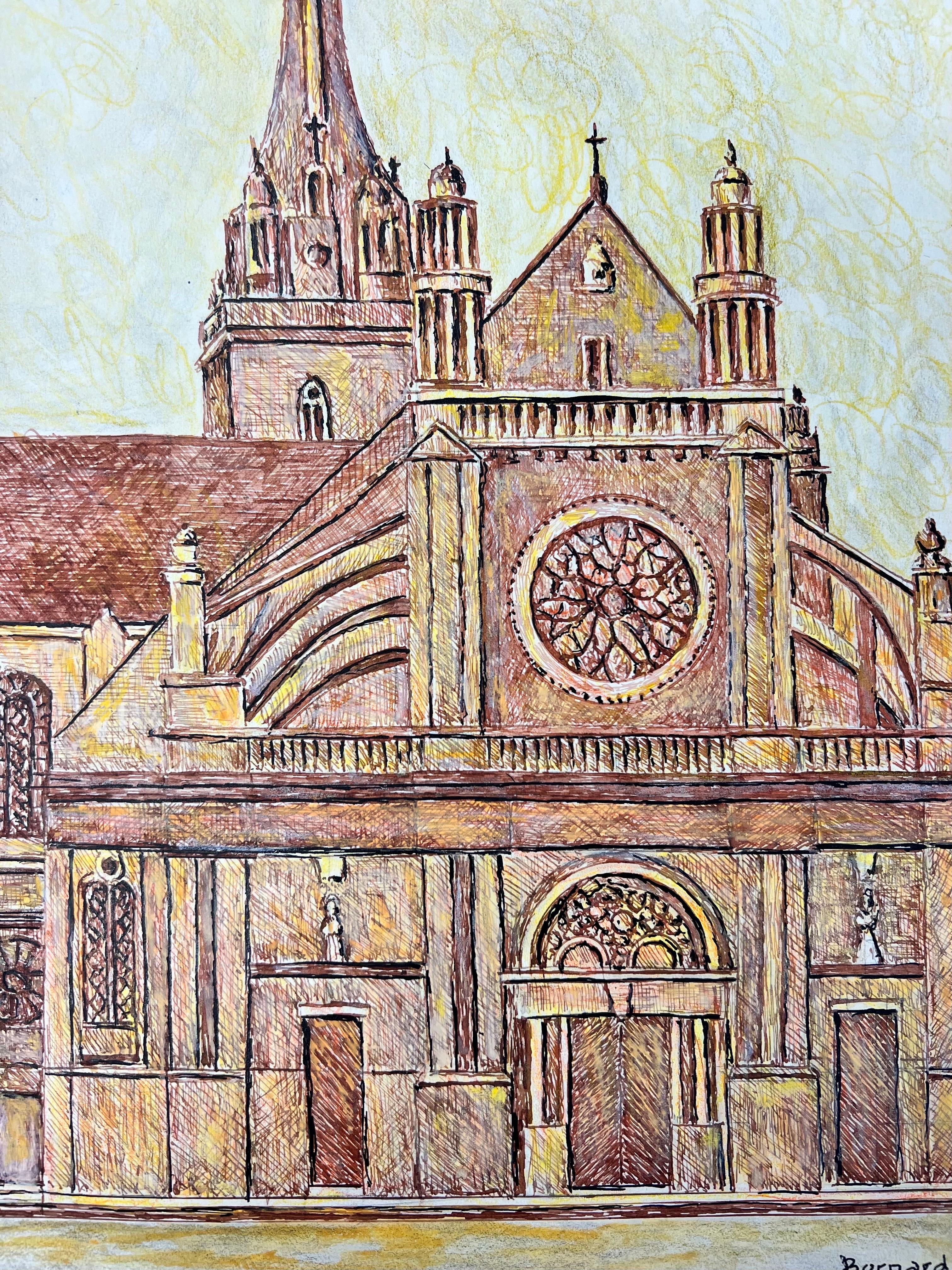 Pintura modernista/cubista de los años 50 - Catedral francesa - Landscape Painting Beige de Bernard Labbe