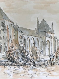Peinture moderniste/ cubiste des années 1950 - paysage de château français des années 1950