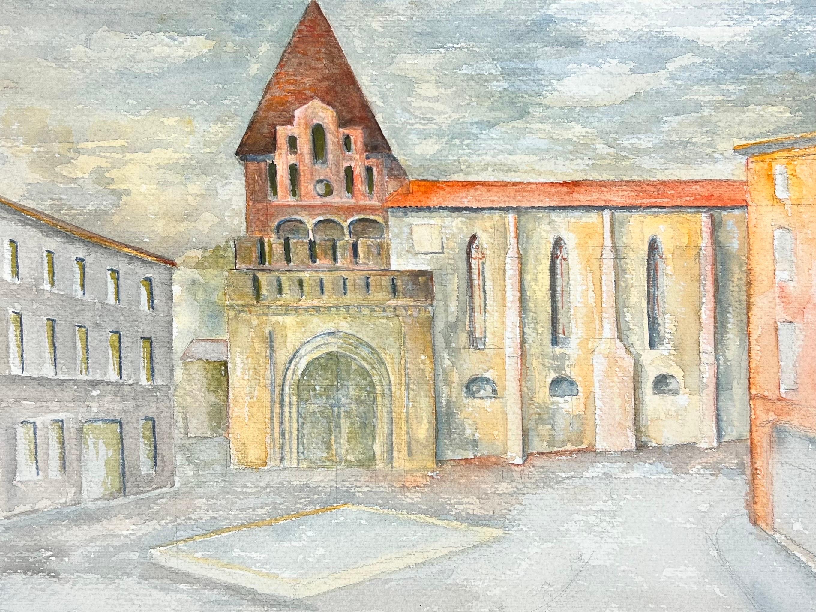 Pintura modernista/cubista de los años 50 - Plaza de la Ciudad Francesa - Art de Bernard Labbe