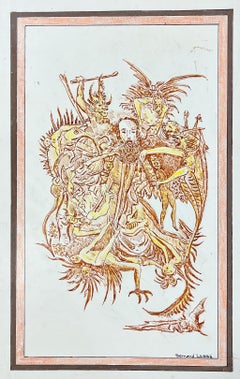 Pintura modernista/cubista de los años 50 - Figura griega acosada por criaturas