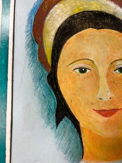 1950's Modernist/ Cubist Painting - Green Eyed Girl Portrait