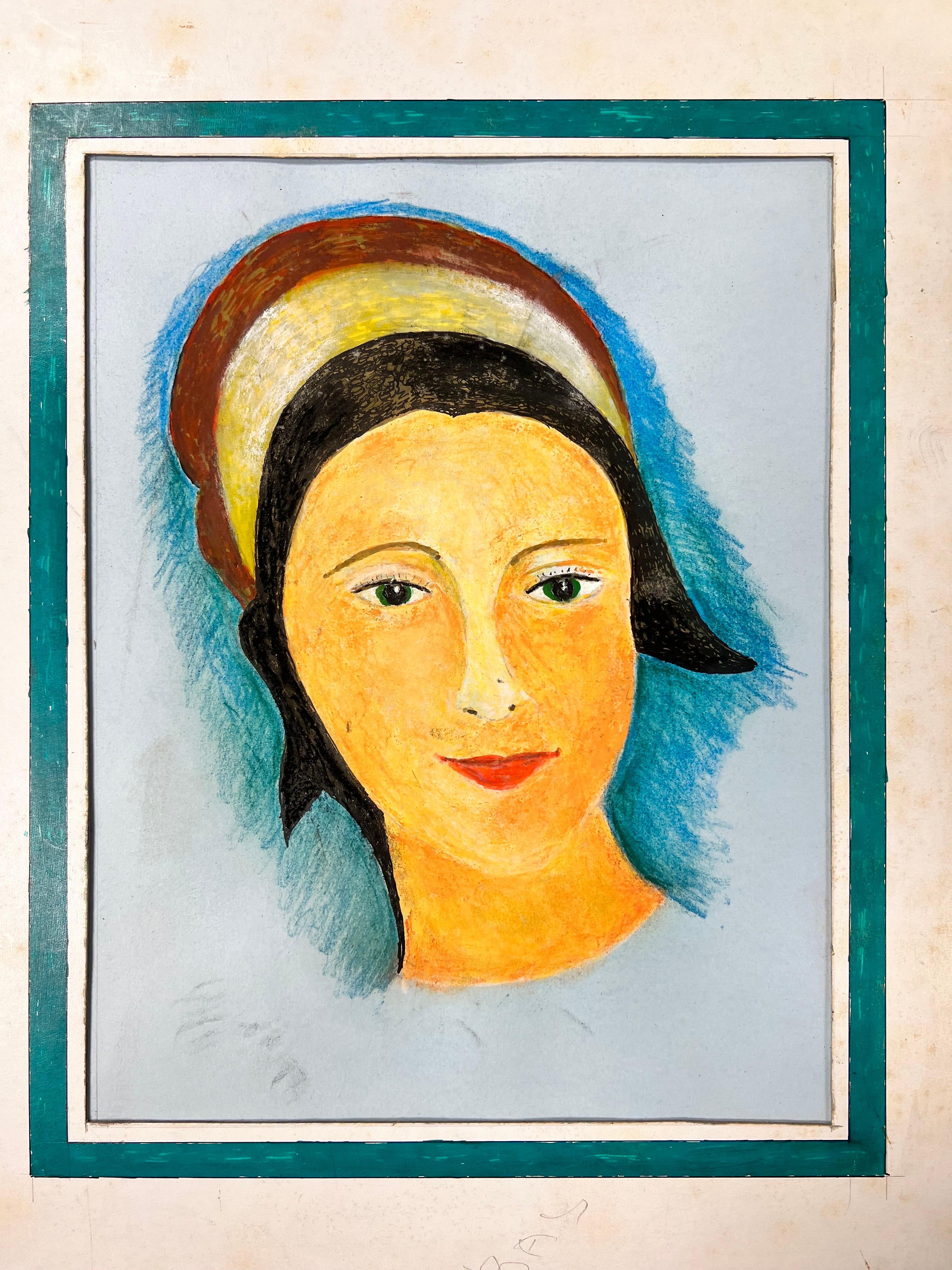Peinture moderniste/ cubiste des années 1950 - Portrait d'une jeune fille aux yeux verts - Moderne Art par Bernard Labbe