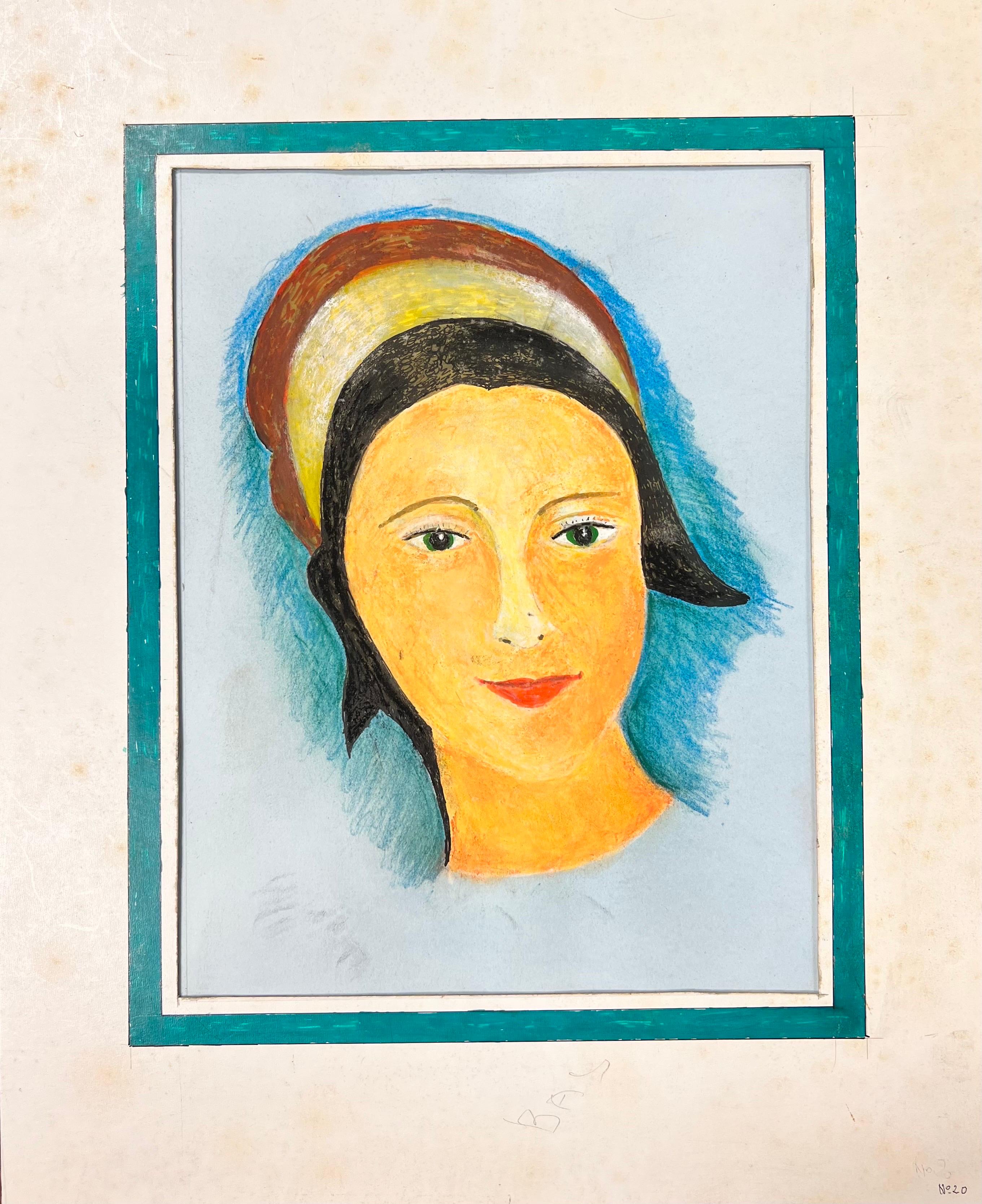 Figurative Art de Bernard Labbe - Pintura modernista/cubista de los años 50 - Retrato de chica de ojos verdes