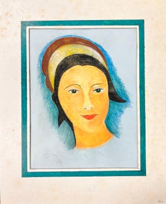 Peinture moderniste/ cubiste des années 1950 - Portrait d'une jeune fille aux yeux verts