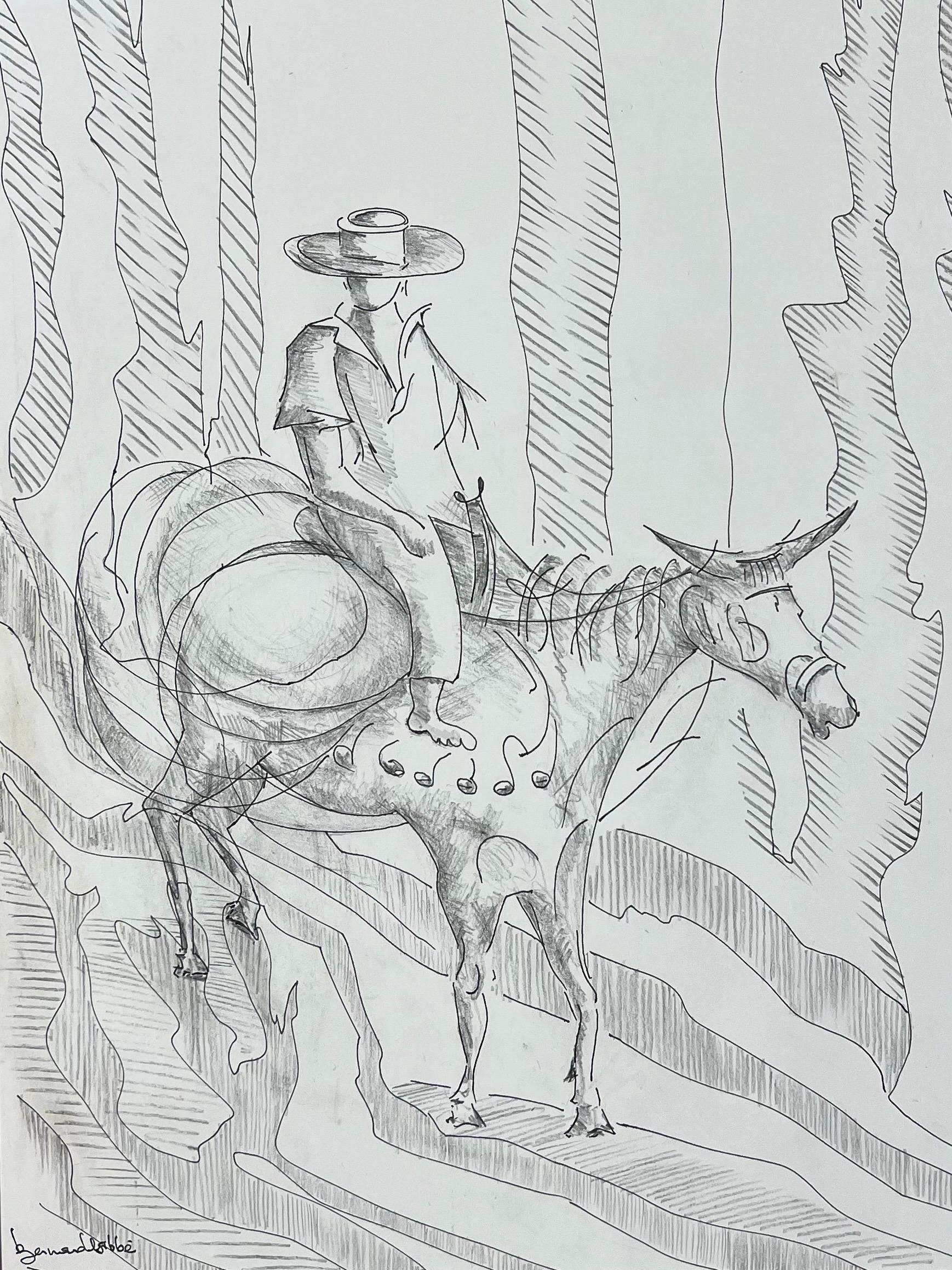 1950's Modernist/ Cubist Painting - Horse and Cowboy Illustration - Art by Bernard Labbe