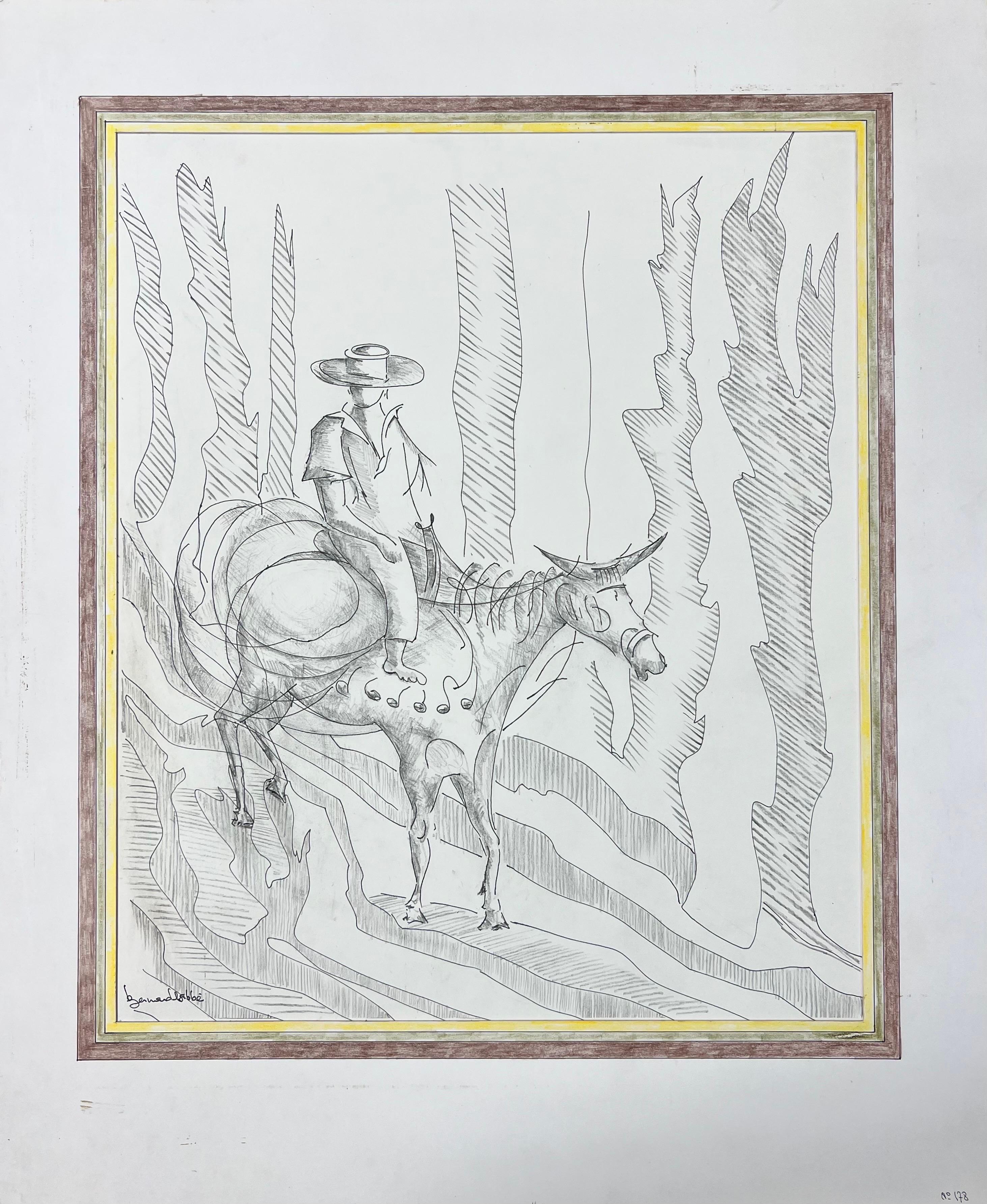 Bernard Labbe Animal Art - 1950's Modernist/ Cubist Painting - Horse and Cowboy Illustration