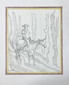 Peinture moderniste/ cubiste des années 1950 - Illustration de cheval et de cow-boy
