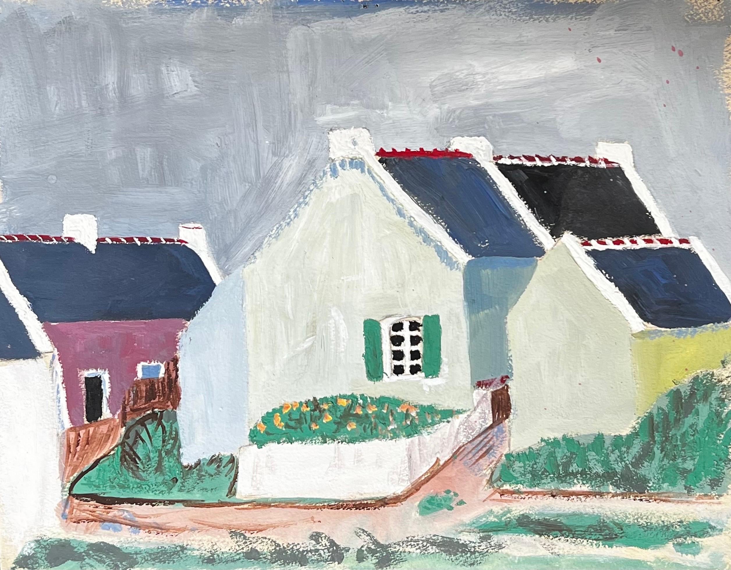 Bernard Labbe Figurative Art - 1950's Modernist/ Cubist Painting - Houses In Street