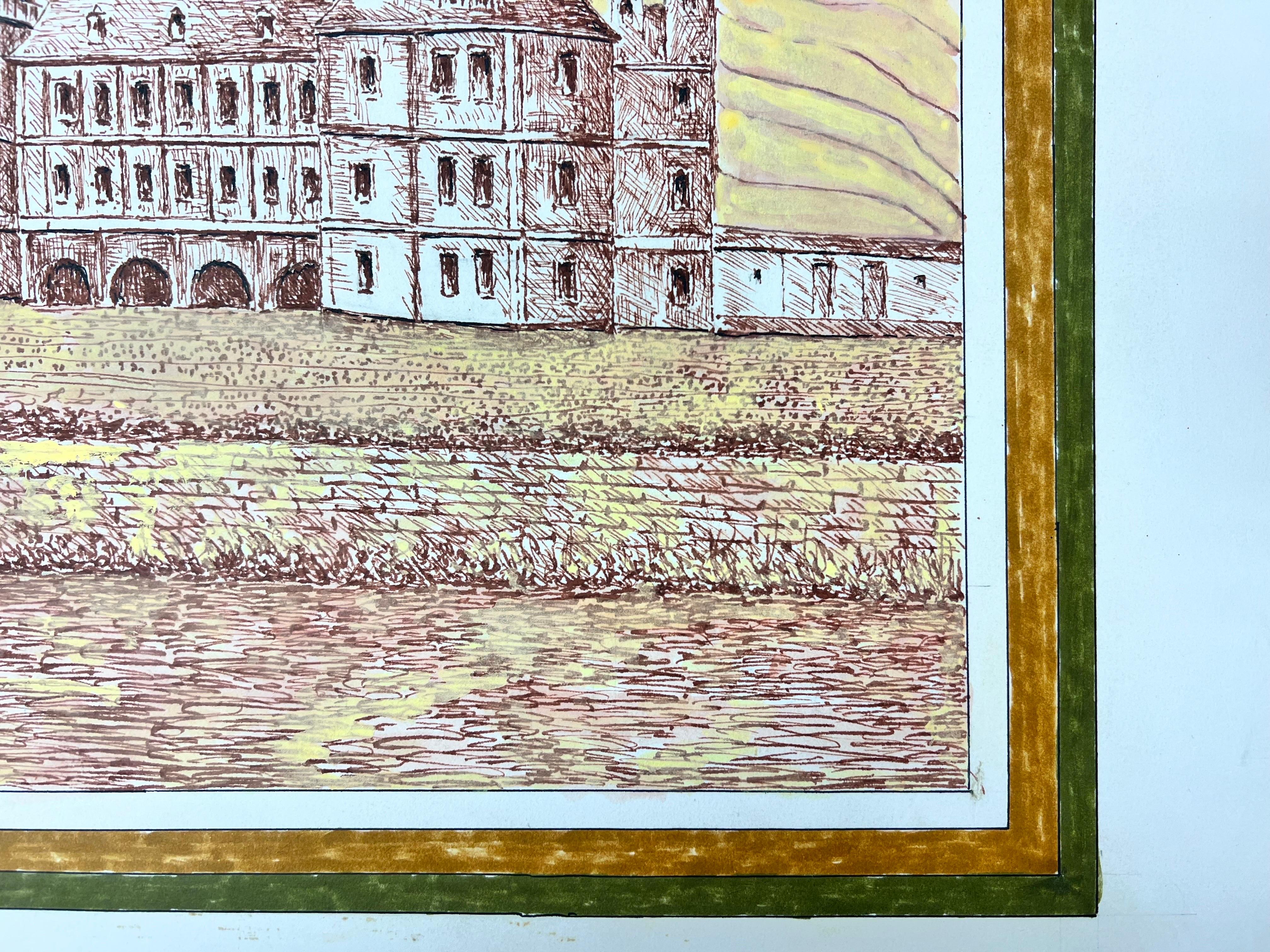 1950's Modernist/ Cubist Painting - Large French Chateau  For Sale 2