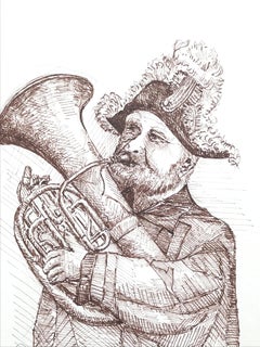 1950's Modernist/ Cubist Painting - Man Playing Tuba