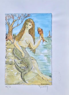 Modernistisches/ kubistisches Gemälde der 1950er Jahre – Meerjungfrauenfigur auf den Felsen