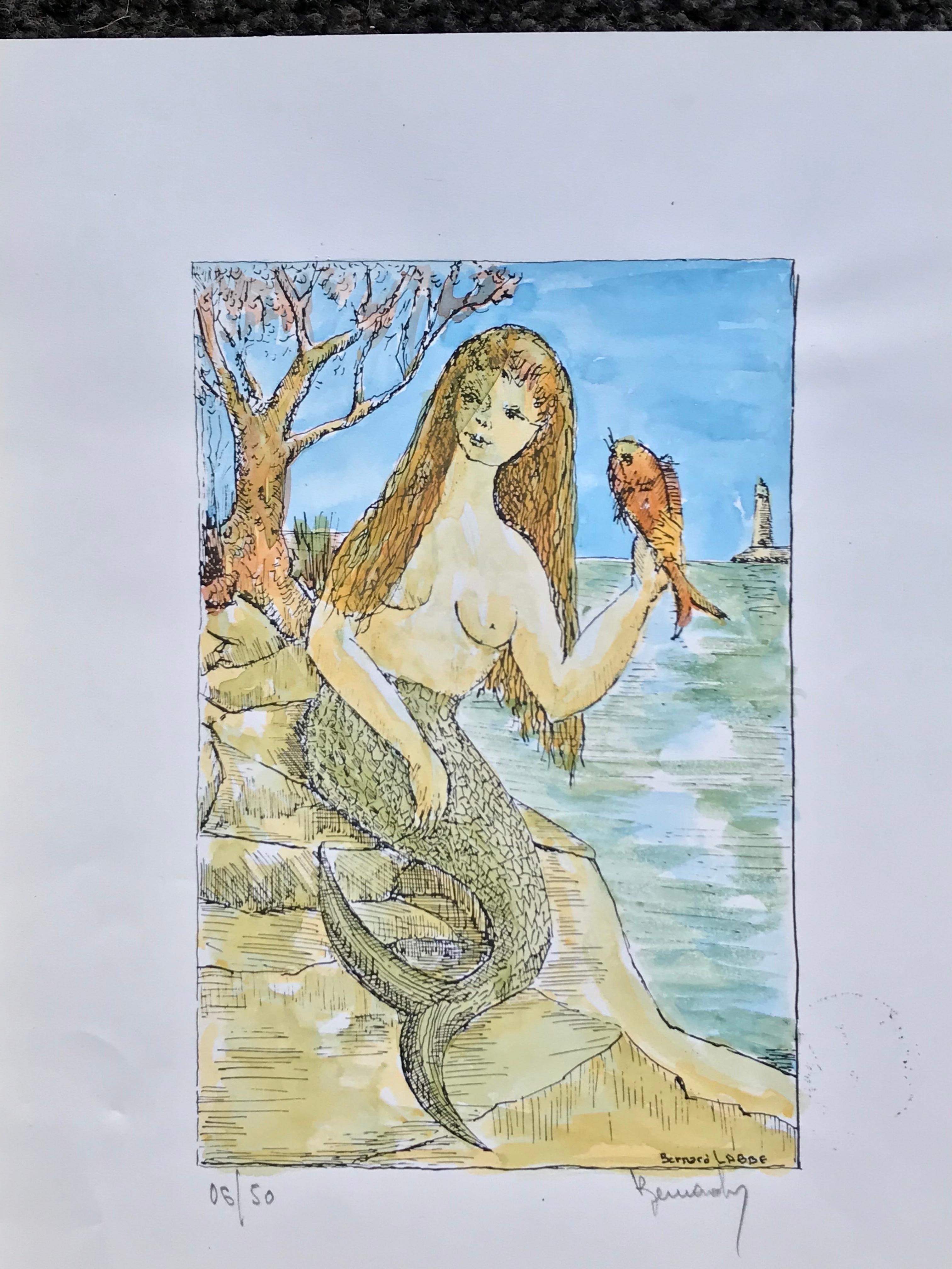 Modernistisches/ kubistisches Gemälde der 1950er Jahre – Meerjungfrauenfigur auf den Felsen (Moderne), Art, von Bernard Labbe