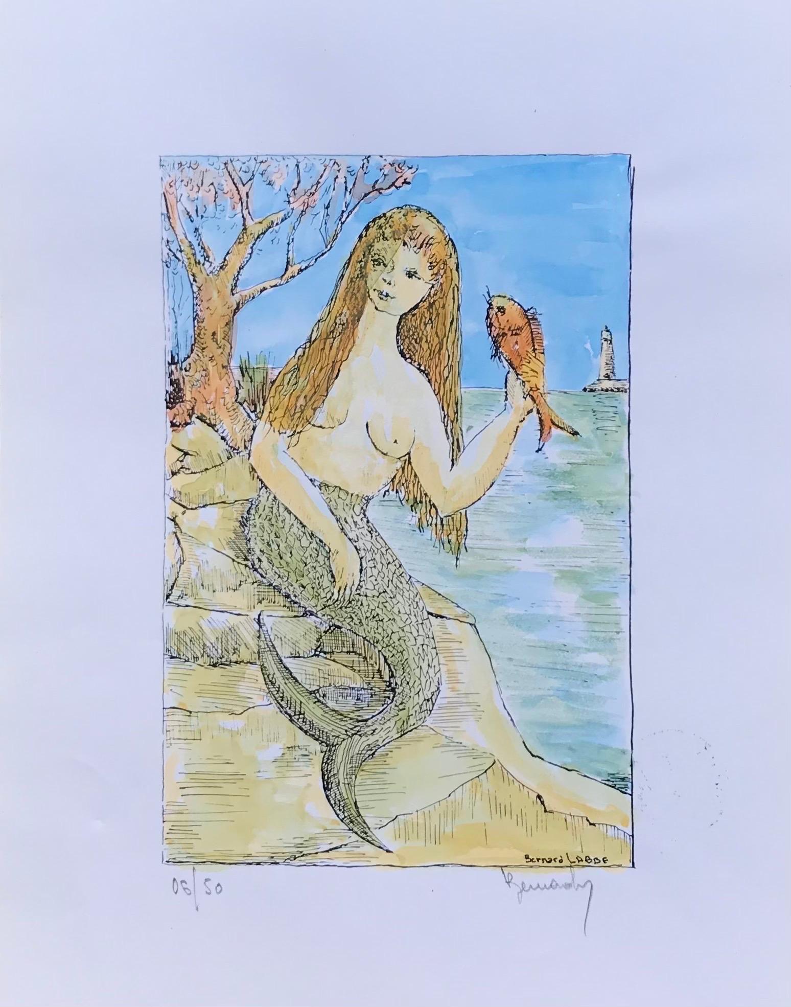 Bernard Labbe Landscape Art – Modernistisches/ kubistisches Gemälde der 1950er Jahre – Meerjungfrauenfigur auf den Felsen