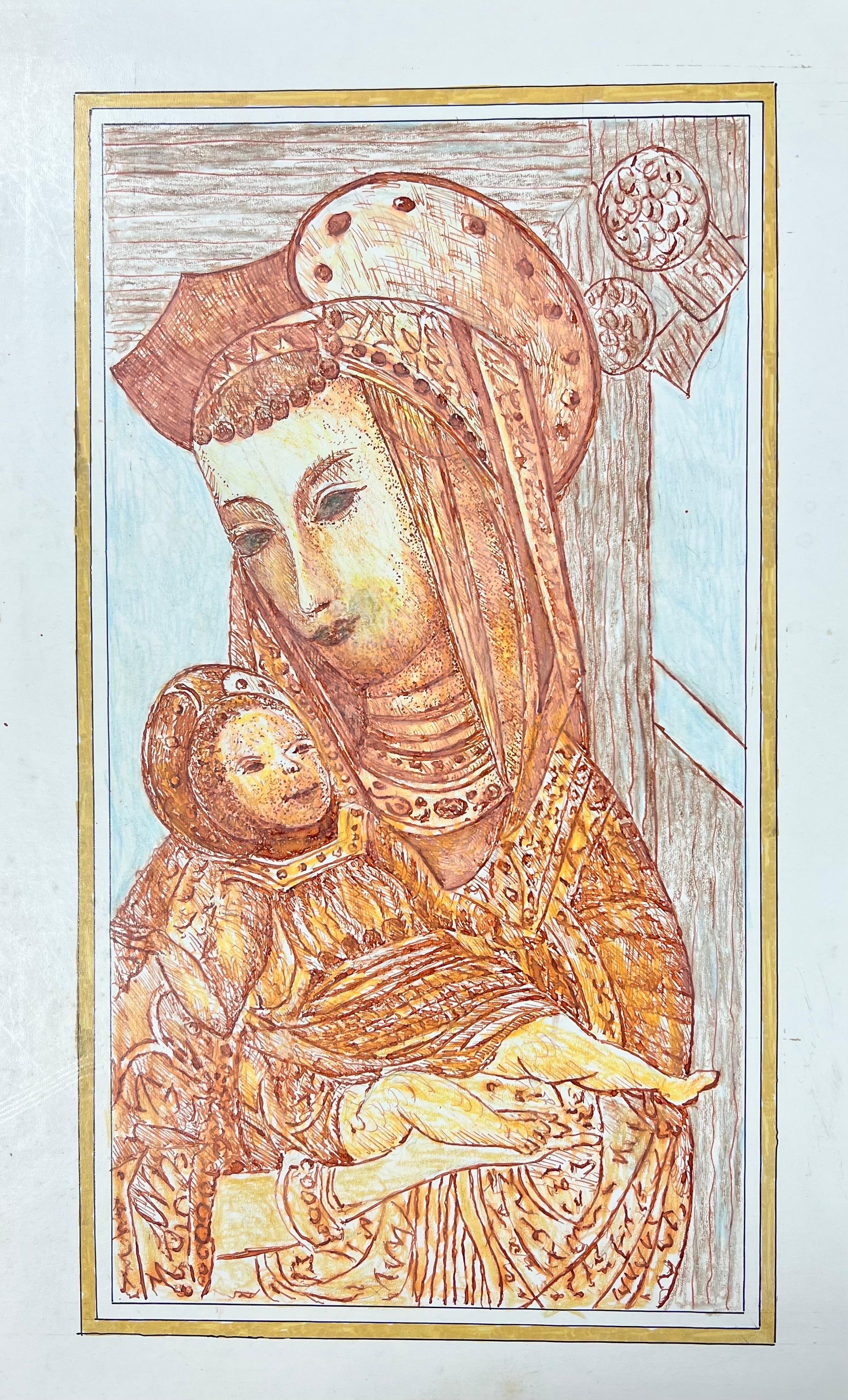 Pintura modernista/cubista de los años 50 - Figuras de madre e hijo - Art de Bernard Labbe