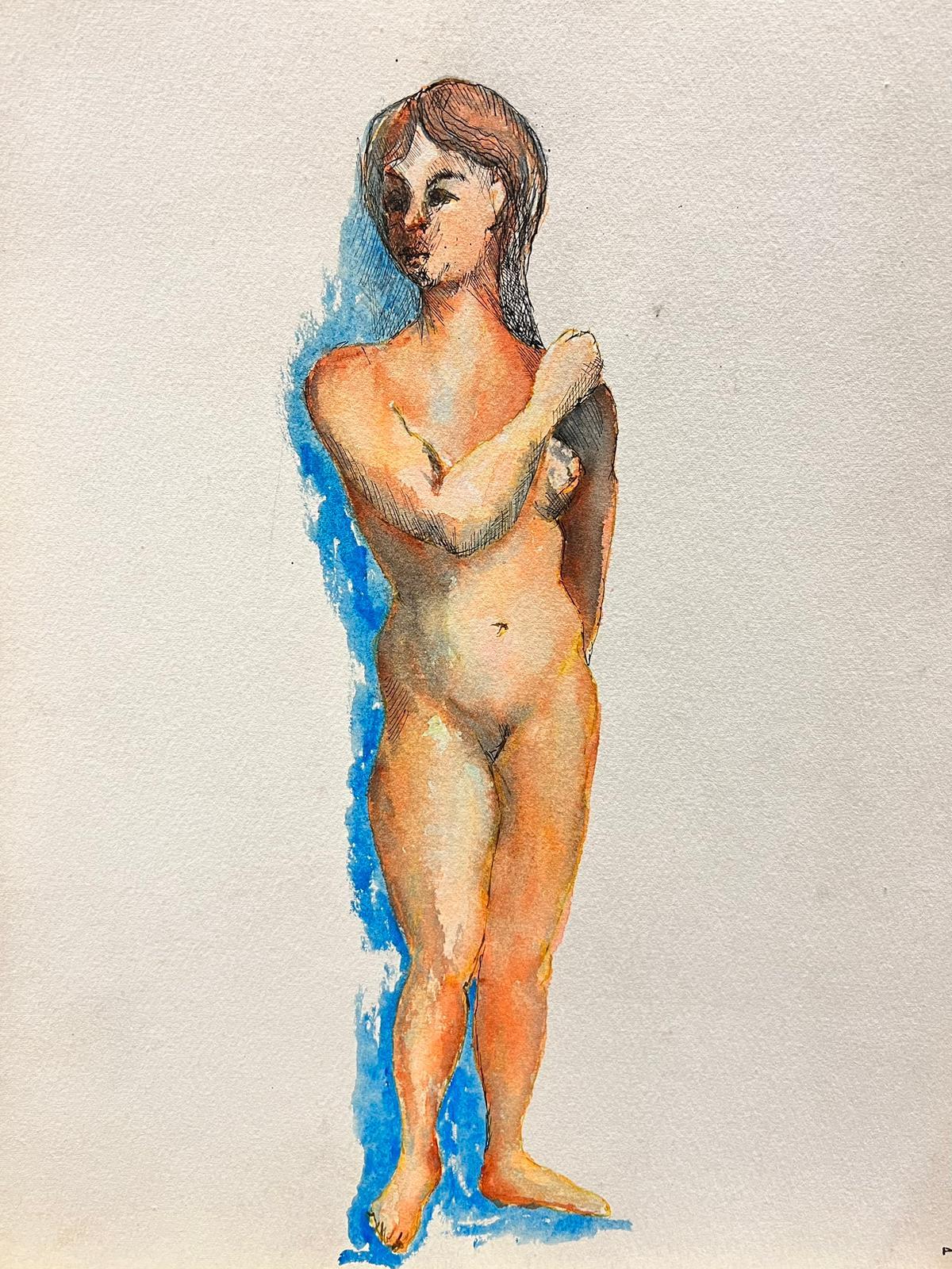 Nude Bernard Labbe - Portrait de femme nue moderniste/duubiste des annes 1950 avec ombre bleue