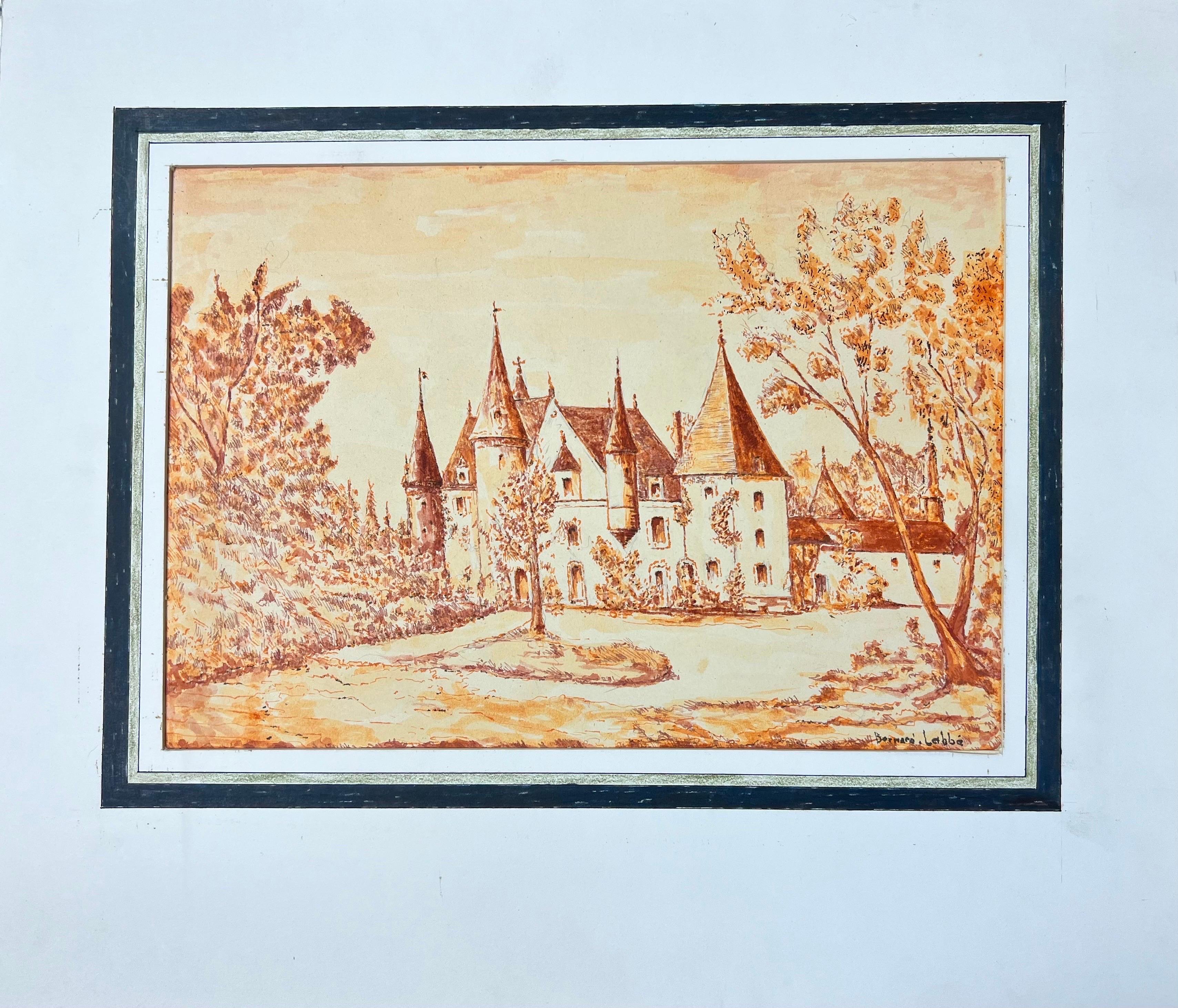 Peinture moderniste et cubiste des années 1950 - Orange Autumnal French Chateau - Art de Bernard Labbe