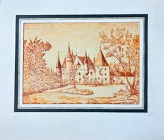 1950's Modernist/ Cubist Painting - Orange Autumnal French Chateau