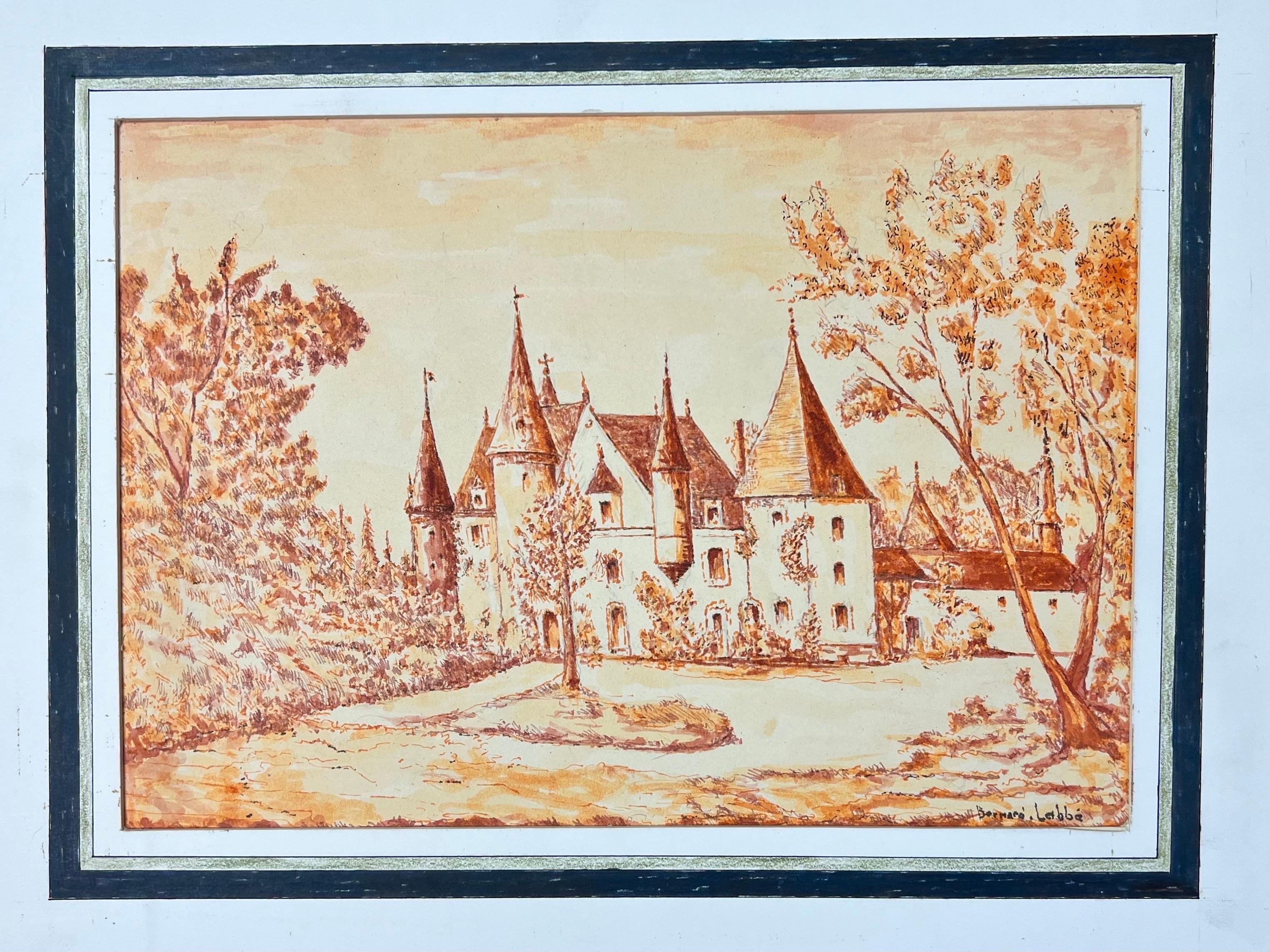 1950's Modernist/ Cubist Painting - Orange Autumnal French Chateau
