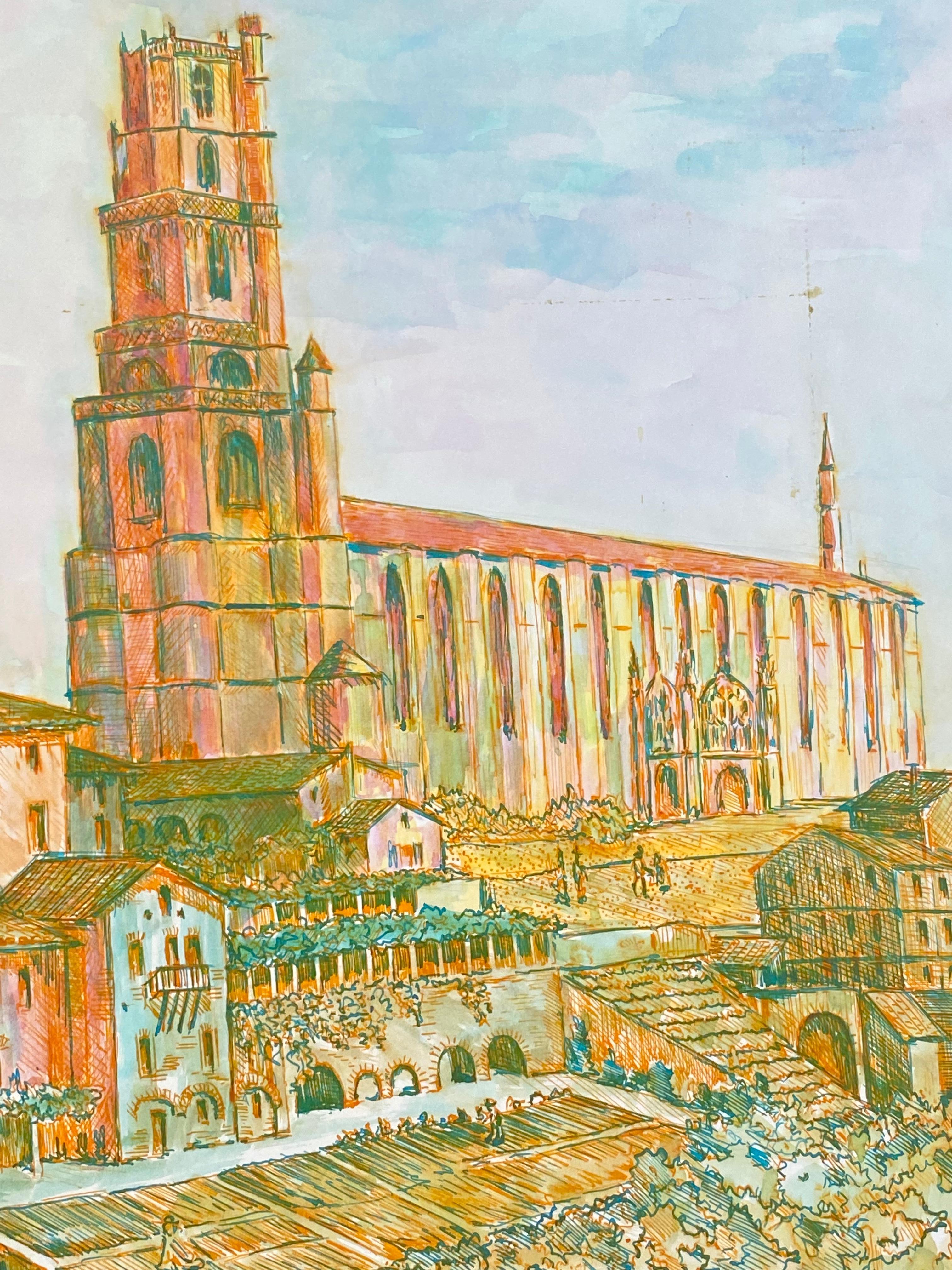 Modernistische/ kubistische Malerei der 1950er Jahre – französische Kathedralenlandschaft in Orange und Rosa, 1950er Jahre – Art von Bernard Labbe
