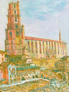 1950's Modernist/ Cubist Painting -Orange & Pink French Cathedral Landscape