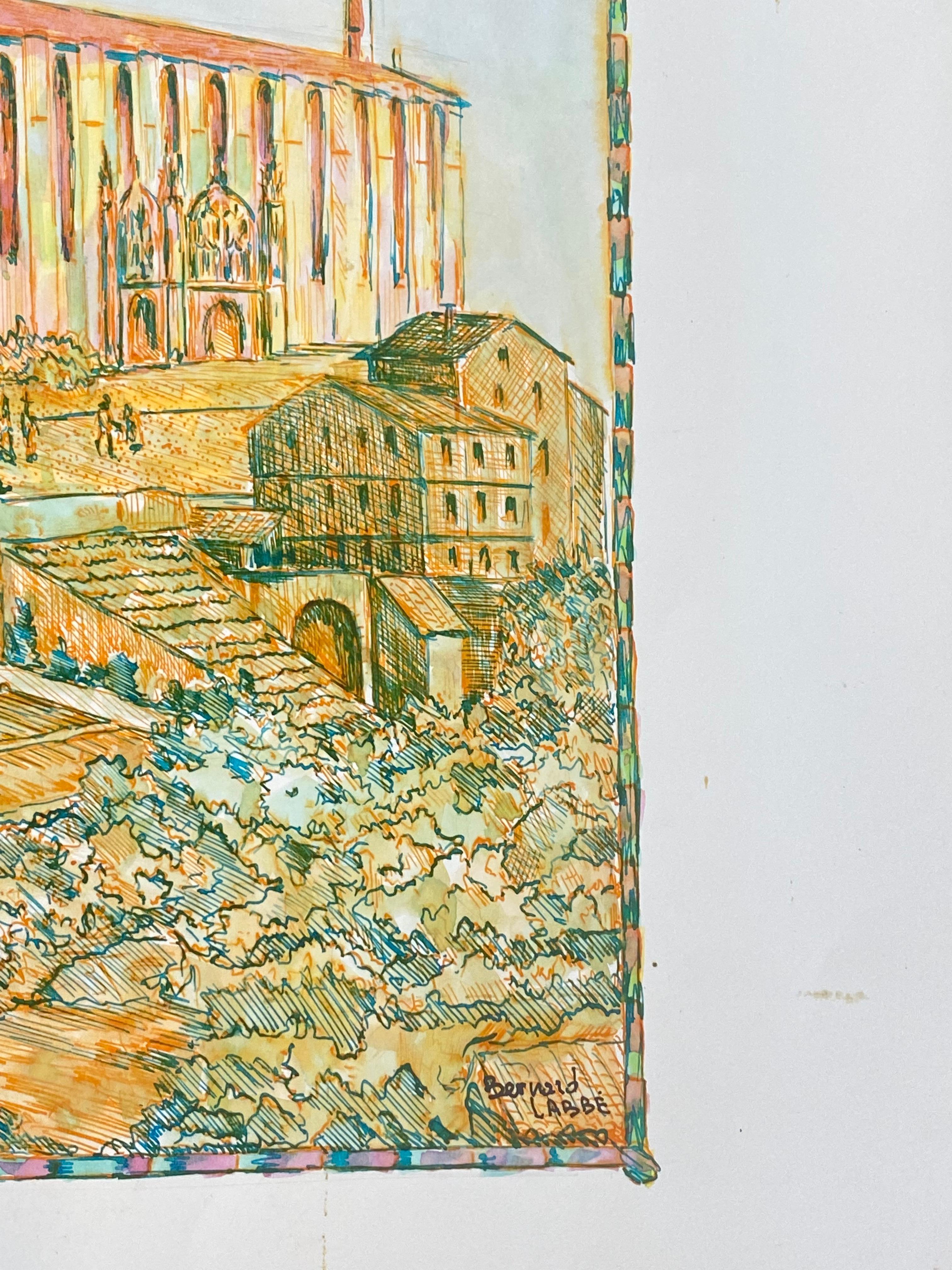 Modernistische/ kubistische Malerei der 1950er Jahre – französische Kathedralenlandschaft in Orange und Rosa, 1950er Jahre (Beige), Landscape Art, von Bernard Labbe