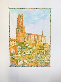 Peinture moderniste/ cubiste des années 1950 - Paysage de cathédrale français orange et rose