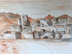 Peinture moderniste/ cubiste des années 1950 - Paysage à l'aquarelle orange