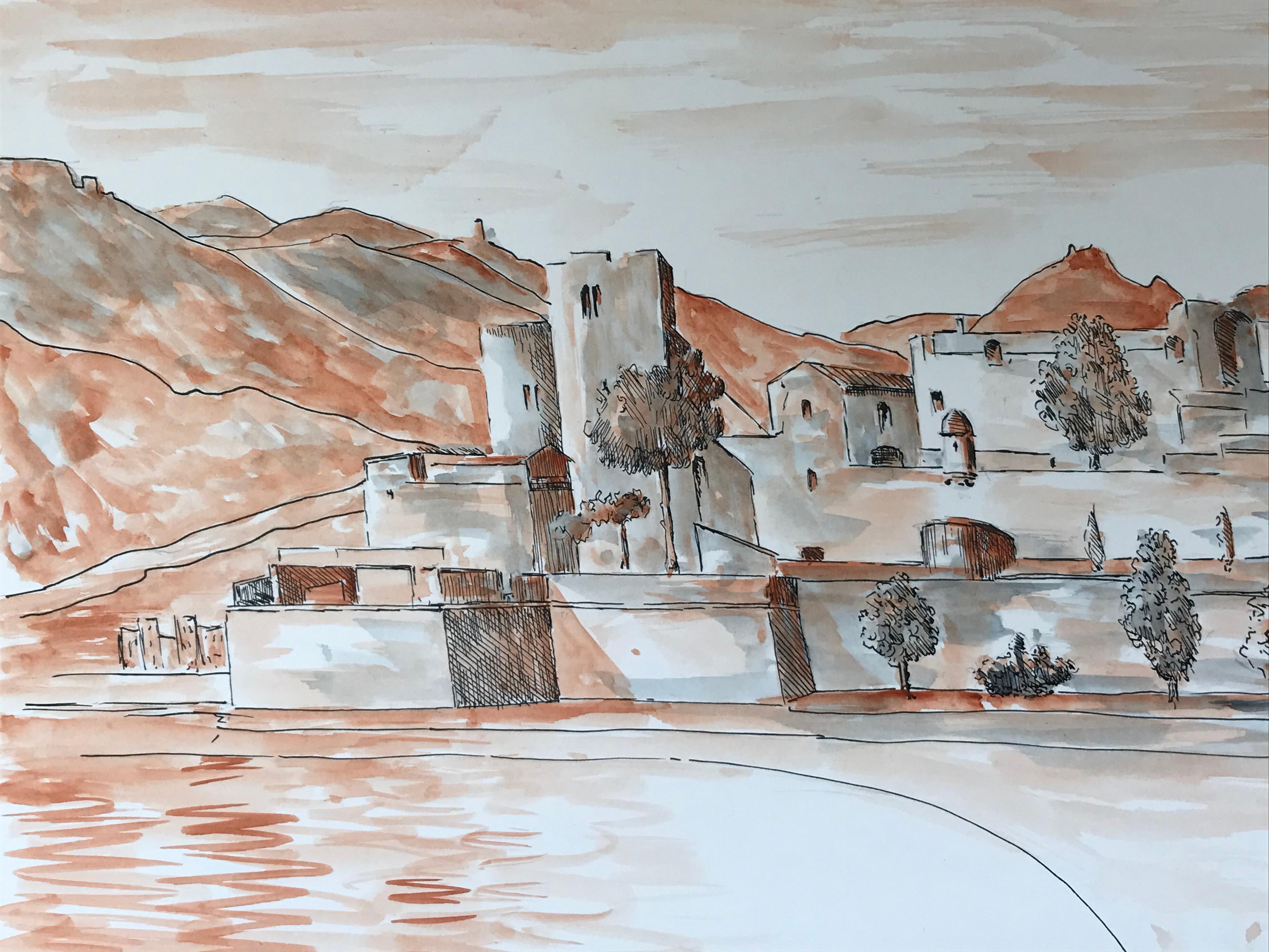 Pintura modernista/cubista de los años 50 - Paisaje en acuarela naranja - Art Moderno de Bernard Labbe