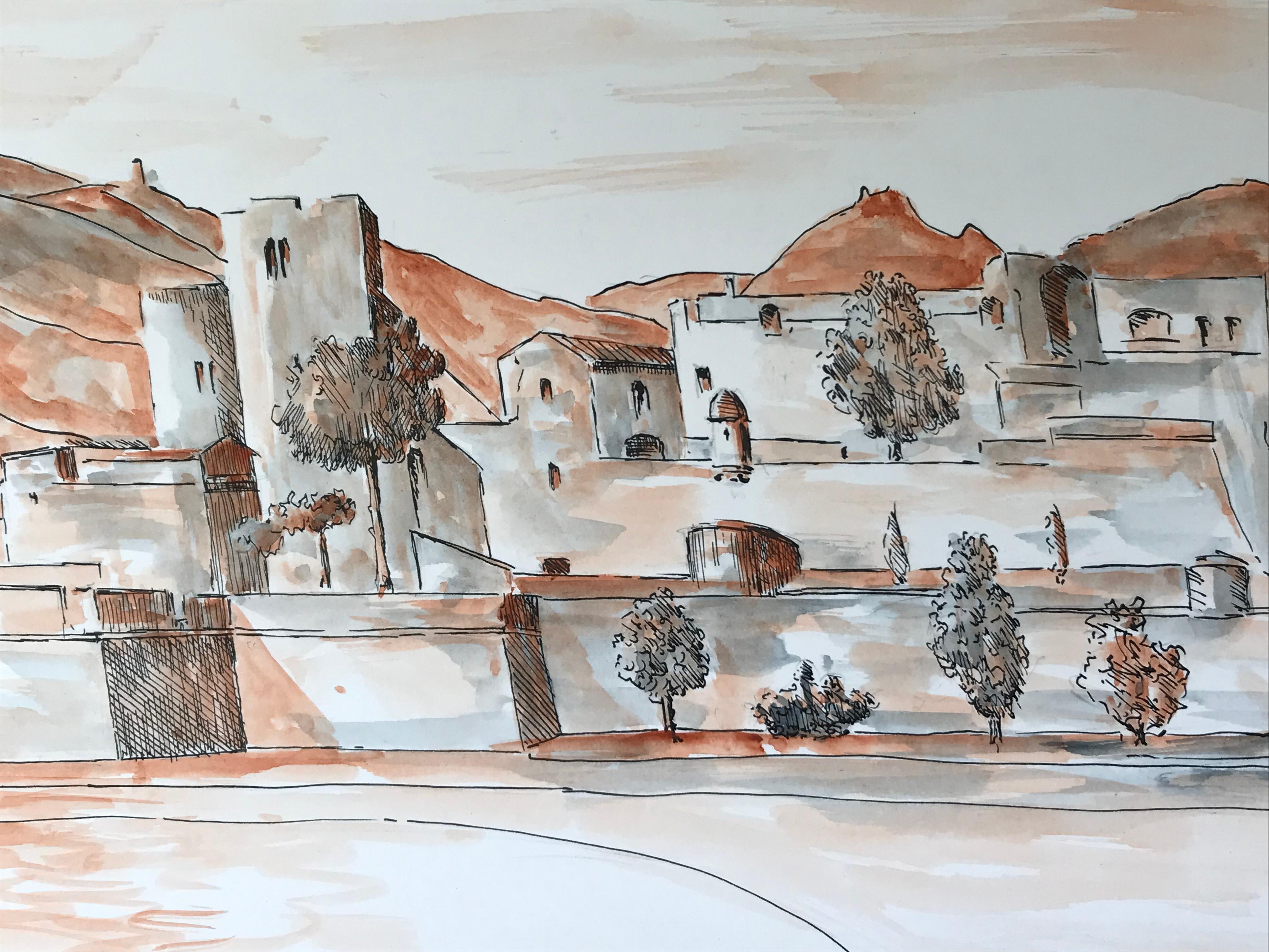 1950's Modernist/ Cubist Painting - Orange Watercolour Landscape For Sale 1