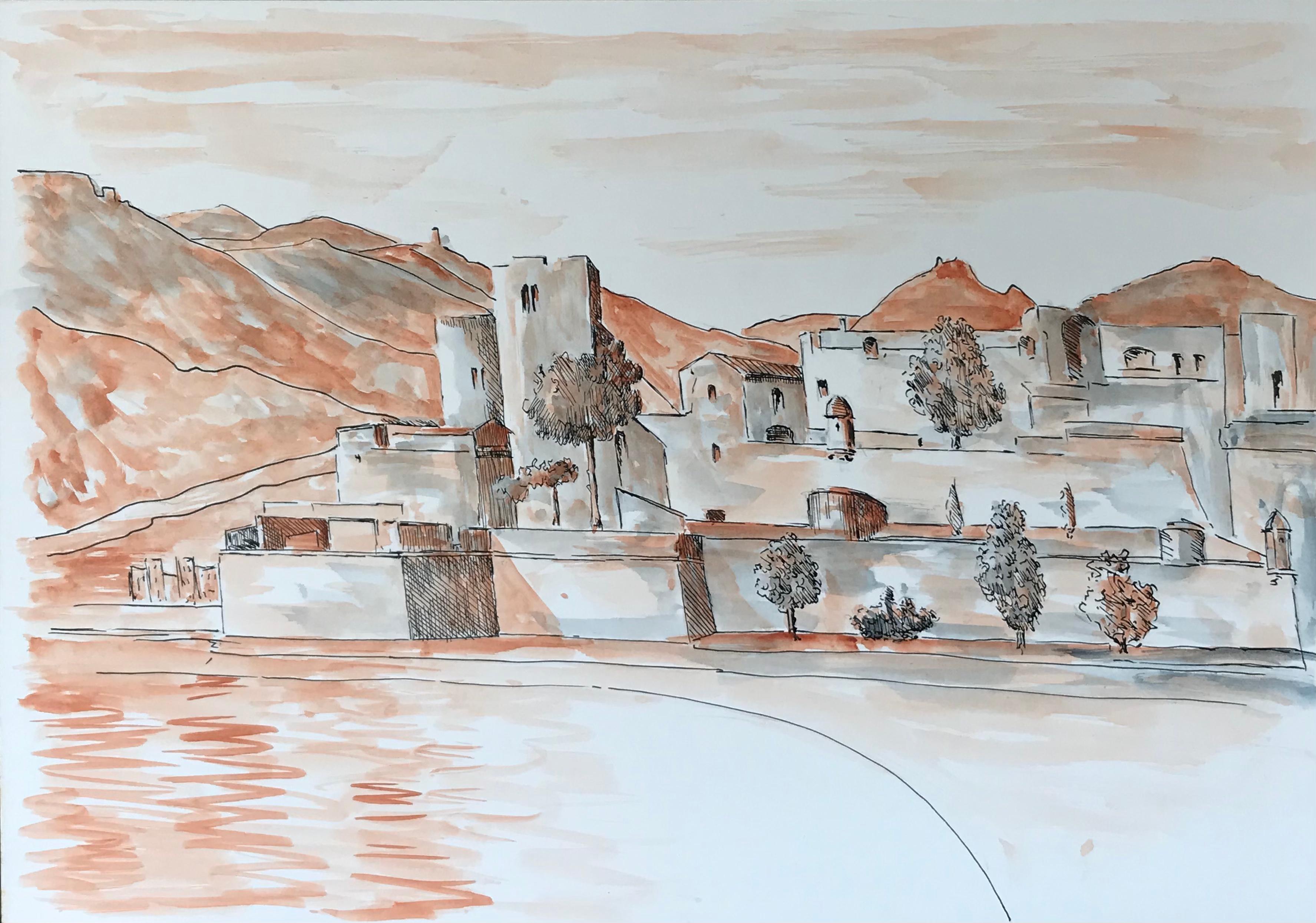 Landscape Art de Bernard Labbe - Pintura modernista/cubista de los años 50 - Paisaje en acuarela naranja