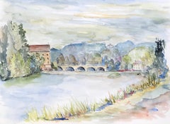 1950's Modernist/ Kubist Gemälde - Friedliche französische Brückenlandschaft