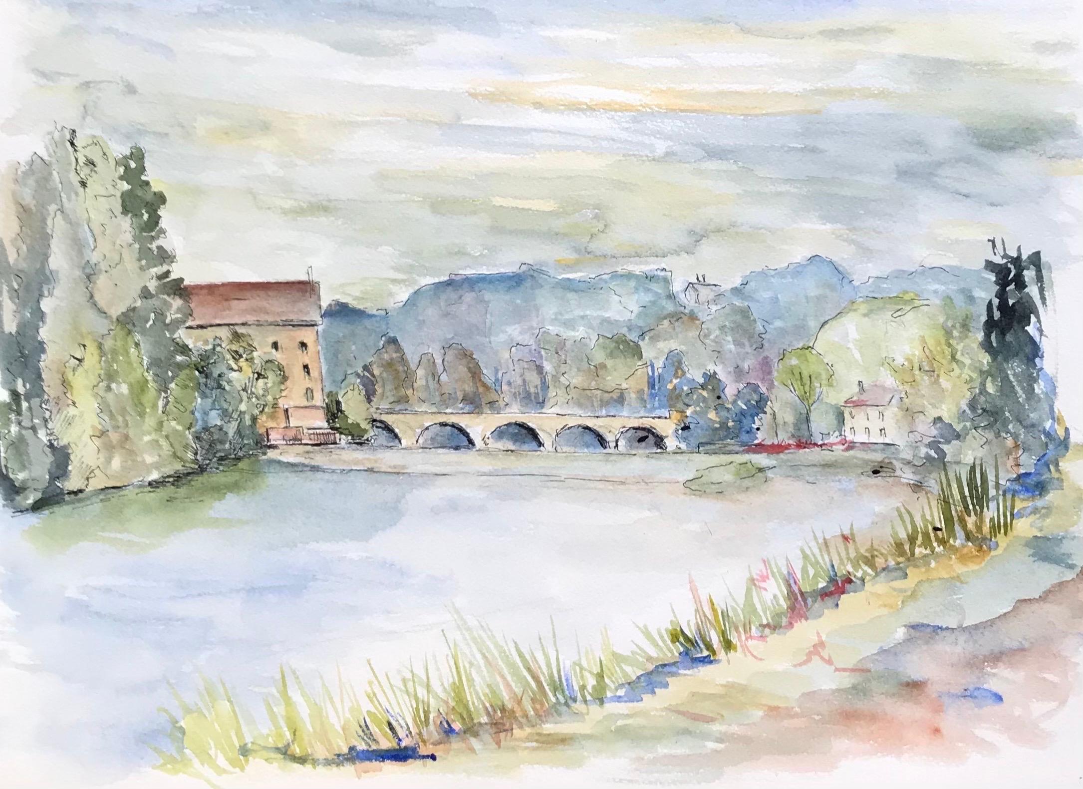 1950's Modernist/ Cubist Painting - Peaceful French Bridge Landscape
