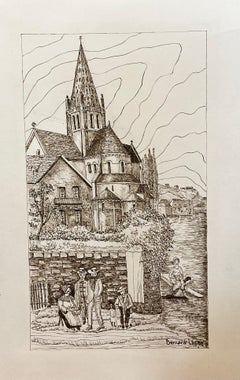 1950's Modernist/ Kubist Gemälde - Posed Familie von Französisch Kirche