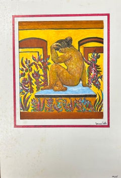 Peinture moderniste/ cubiste des années 1950 - Figure de nu peinte en relief