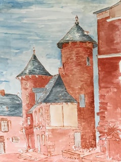 1950's Modernist/ Cubist Painting - Red & Blue French Buildings Watercolour