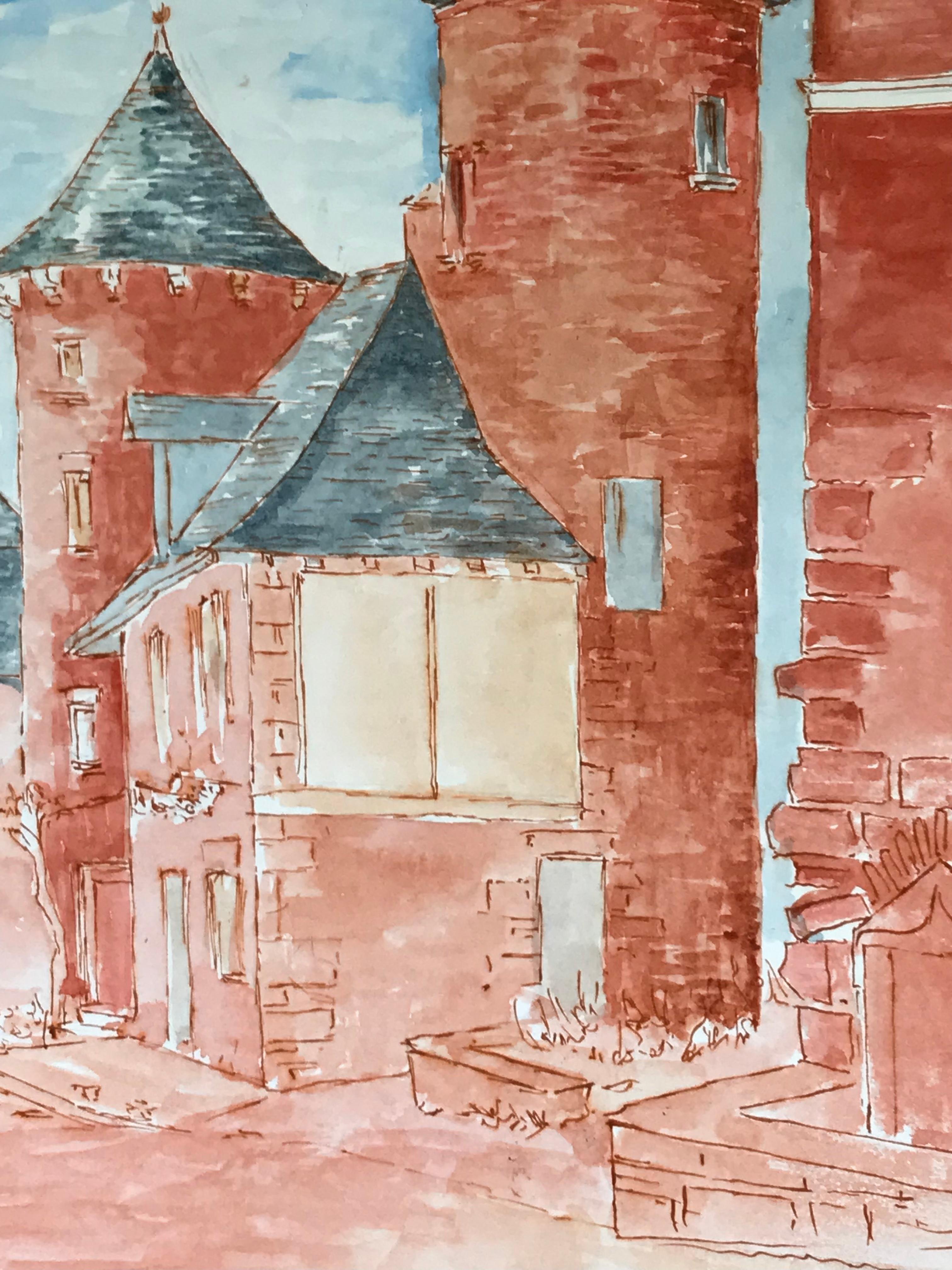 1950's Modernist/ Cubist Painting - Red & Blue French Buildings Watercolour - Art Moderno de Bernard Labbe