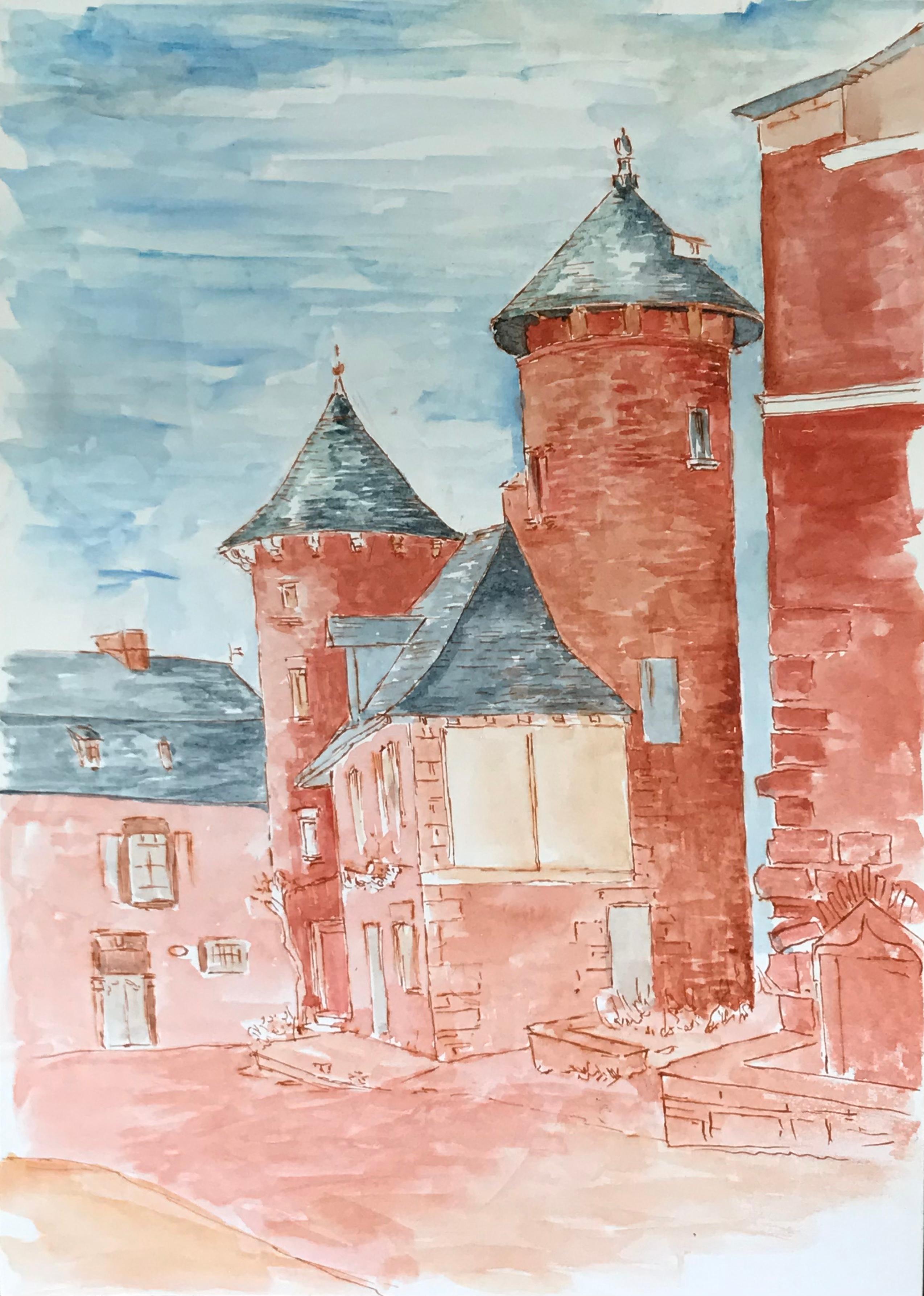 1950's Modernist/ Cubist Painting - Red & Blue French Buildings Watercolour