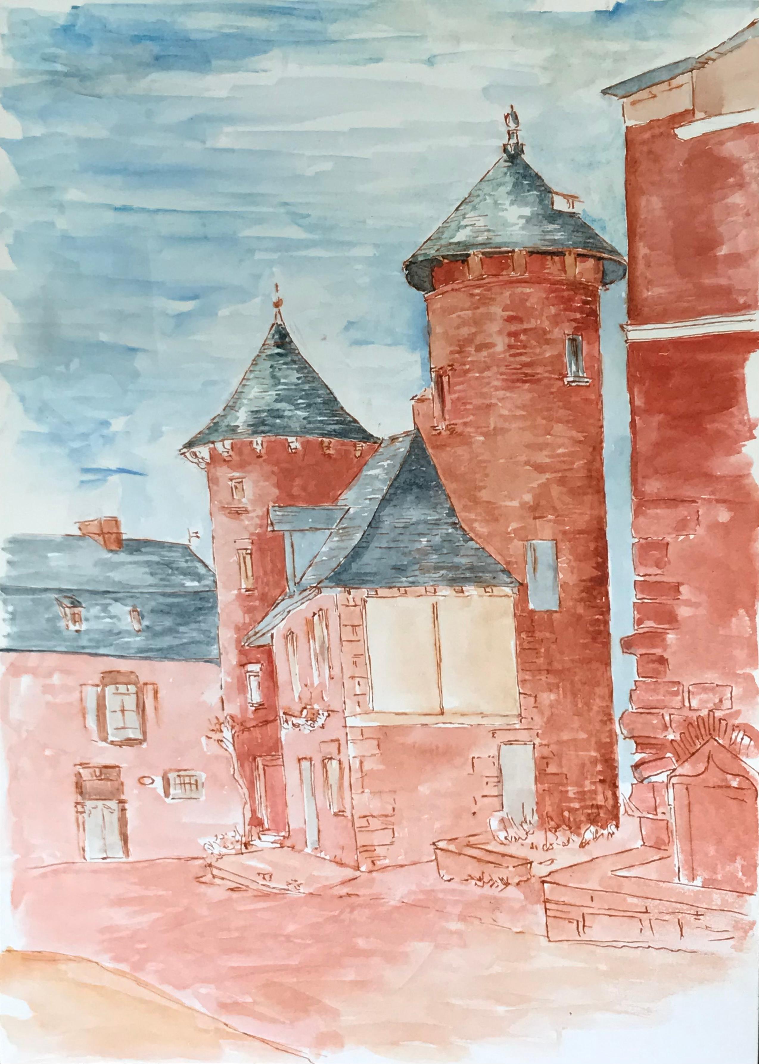 Modernistische/ kubistische Gemälde der 1950er Jahre – französische Gebäude in Rot und Blau, Aquarell, 1950er Jahre 