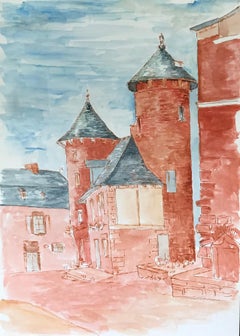 1950's Modernist/ Cubist Painting - Red & Blue French Buildings Watercolour 