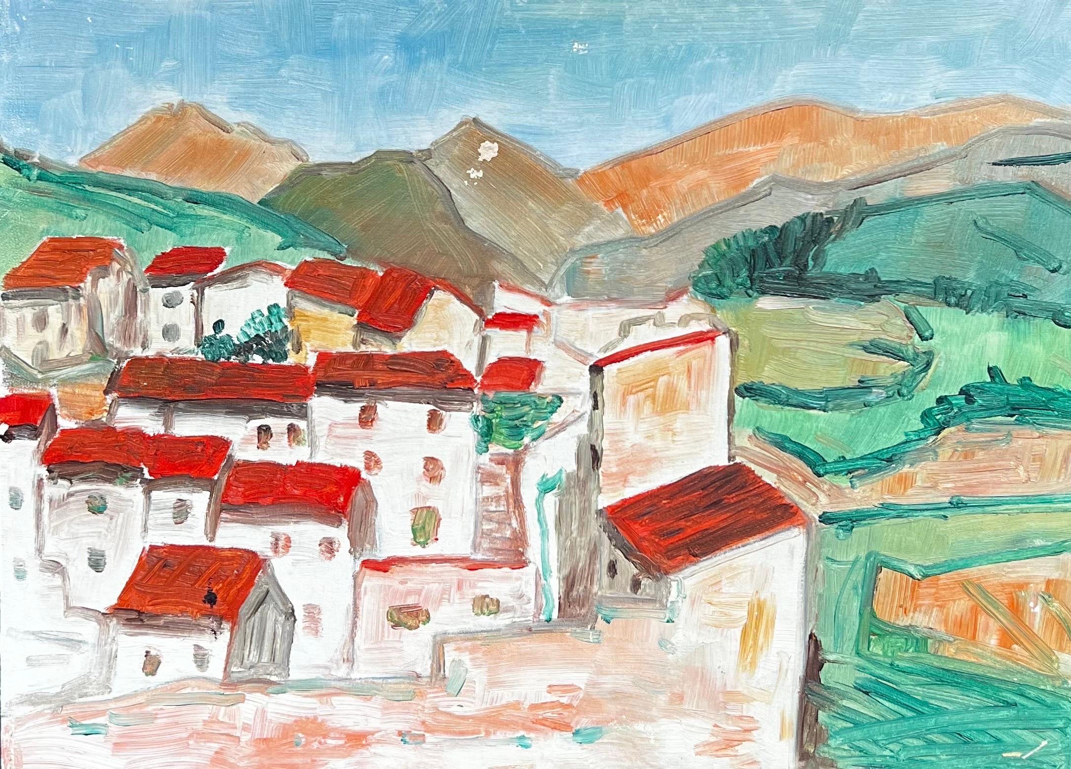Bernard Labbe Figurative Art – Modernistisches/ kubistisches Gemälde der 1950er Jahre - Rotes Dachgrüne Landschaft
