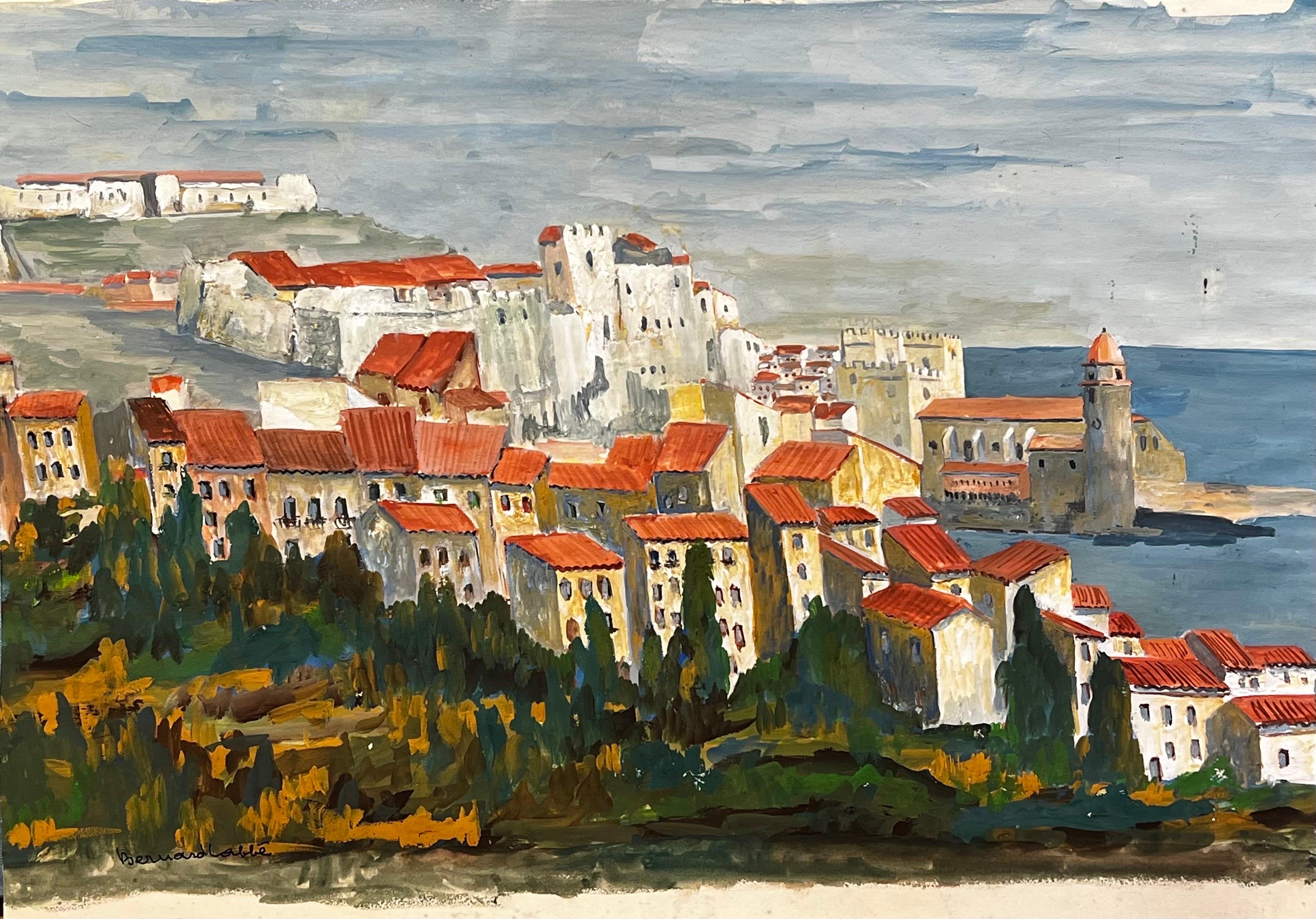 Bernard Labbe 1950's Modernist/ Cubist Painting Red Roof Town